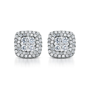 image: My Diamond Philippines The Cushion-Shaped Double Halo Stud Earrings are crafted in 14K White Gold that features 150 pieces of 0.85-carat diamonds in total carat weight with VS-SI1 clarity grading and F to G diamond color.