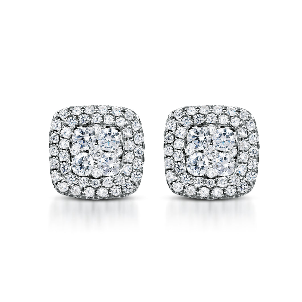 image: My Diamond Philippines The Cushion-Shaped Double Halo Stud Earrings are crafted in 14K White Gold that features 150 pieces of 0.85-carat diamonds in total carat weight with VS-SI1 clarity grading and F to G diamond color.