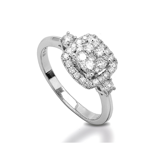 The Cushion-shaped Illusion Setting Ring is crafted with 14K white gold and features 33 pieces of 0.59-carat diamonds in total weight with a clarity grading of VS-SI1 and a combination of colors F-G. Philippine Diamond Engagement Rings