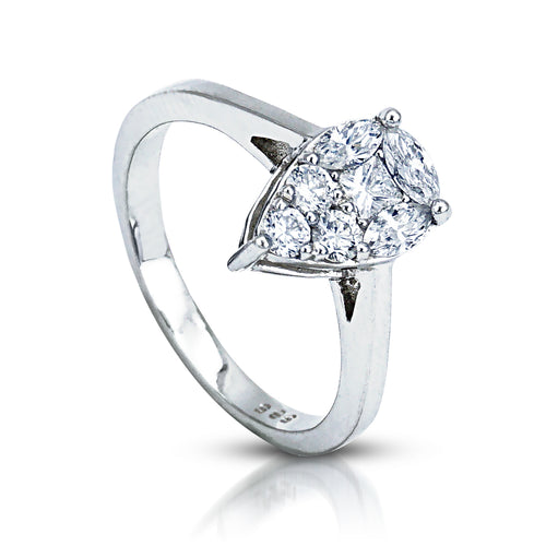  The Tear Drop Shaped Diamond Ring is crafted in 14K white gold featuring 1 piece of 0.11-carat princess cut diamond surrounded with 3 pieces of 0.29-carat marquise diamonds and 3 pieces of 0.19-carat round brilliant diamonds 