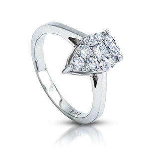  The Tear Drop Shaped Diamond Ring is crafted in 14K white gold featuring 1 piece of 0.11-carat princess cut diamond surrounded with 3 pieces of 0.29-carat marquise diamonds and 3 pieces of 0.19-carat round brilliant diamonds 