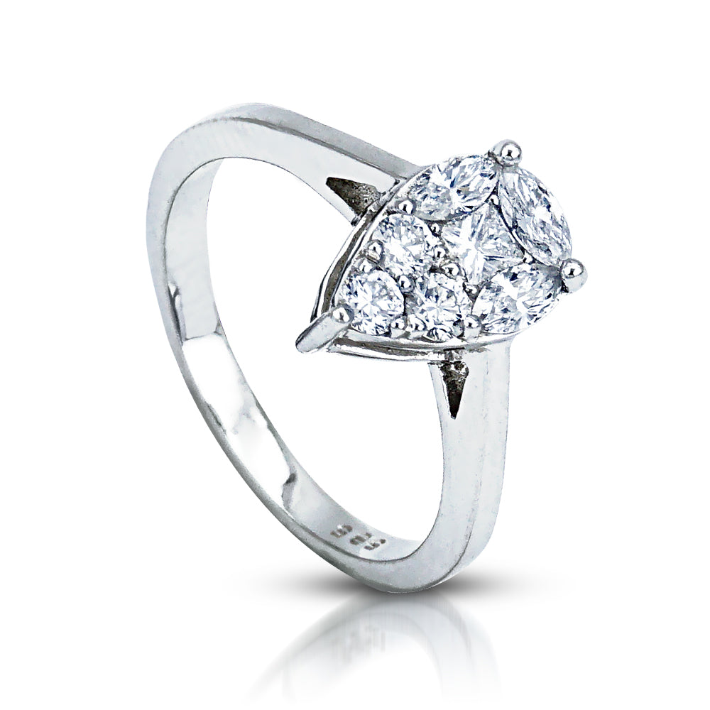  The Tear Drop Shaped Diamond Ring is crafted in 14K white gold featuring 1 piece of 0.11-carat princess cut diamond surrounded with 3 pieces of 0.29-carat marquise diamonds and 3 pieces of 0.19-carat round brilliant diamonds 