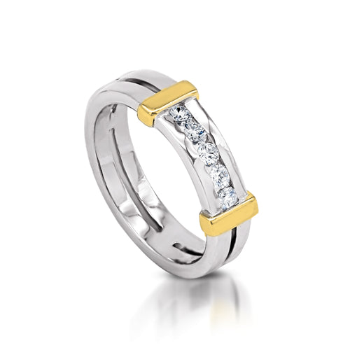 The Two-Tone Bar and Gap Wedding Band is crafted with 14K yellow and white gold featuring 5 pieces of .20-carat diamonds with a clarity grading of VS2-SI and in the colors G to H.  Ring size is 6.5  Inclusive of My Diamond jewelry box and jewelry GIA certificate