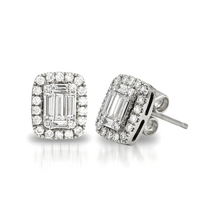 My_Diamond_Philippines__Jewelry_Store_Emerald-Shaped_Illusion_Stud_Earrings_White_Gold The Emerald-Shaped Illusion Stud Earrings Earrings are crafted with 14K white gold that features 44 pieces of 0.28-carat diamonds with 10 pieces of .34-carat baguette diamonds. The clarity grading is VS2-SI1 and in the colors F to G. 