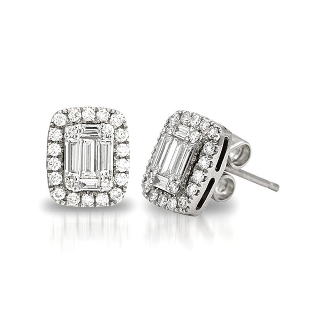My_Diamond_Philippines__Jewelry_Store_Emerald-Shaped_Illusion_Stud_Earrings_White_Gold The Emerald-Shaped Illusion Stud Earrings Earrings are crafted with 14K white gold that features 44 pieces of 0.28-carat diamonds with 10 pieces of .34-carat baguette diamonds. The clarity grading is VS2-SI1 and in the colors F to G. 